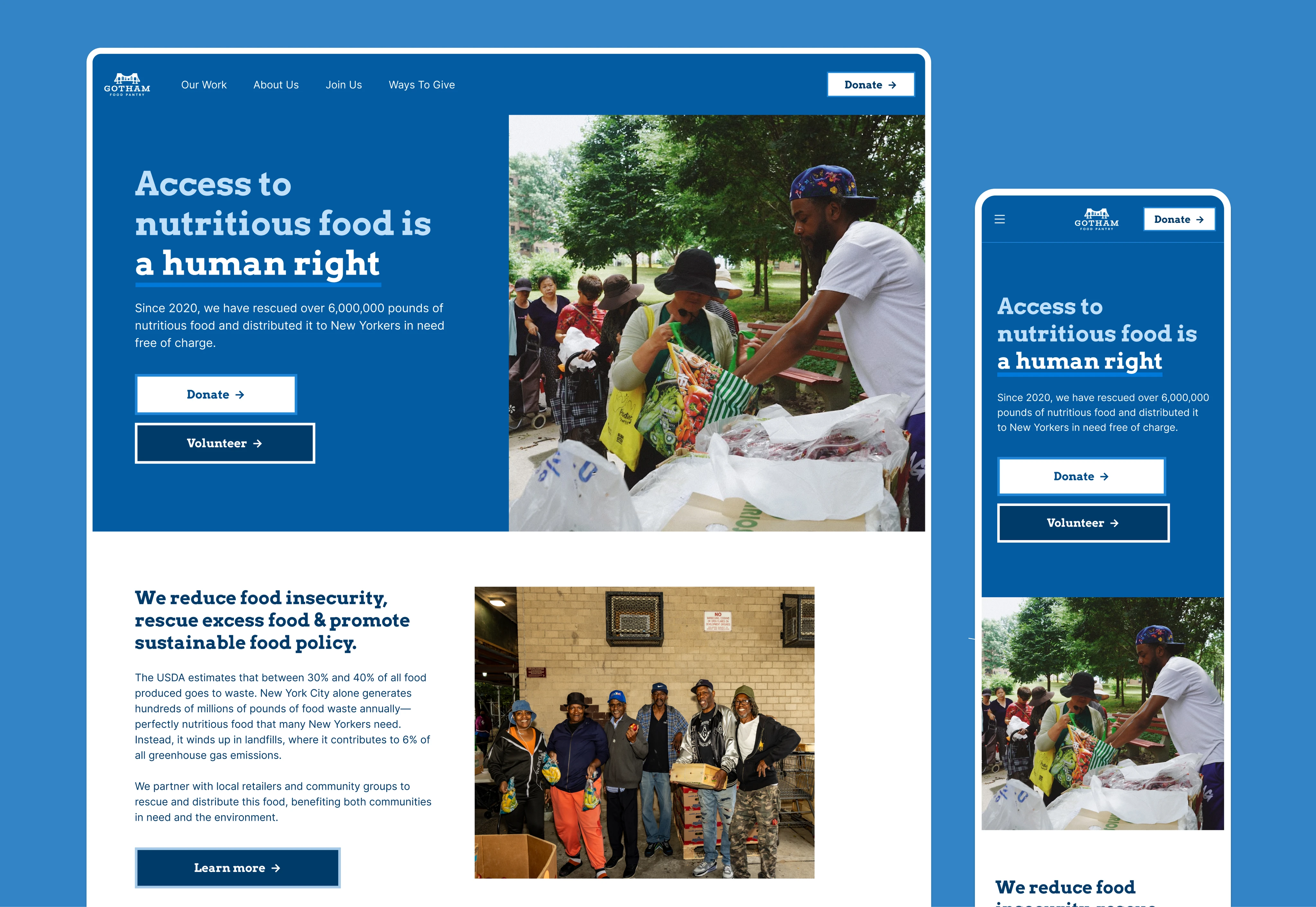 A desktop and mobile mockup of the Gotham food pantry website